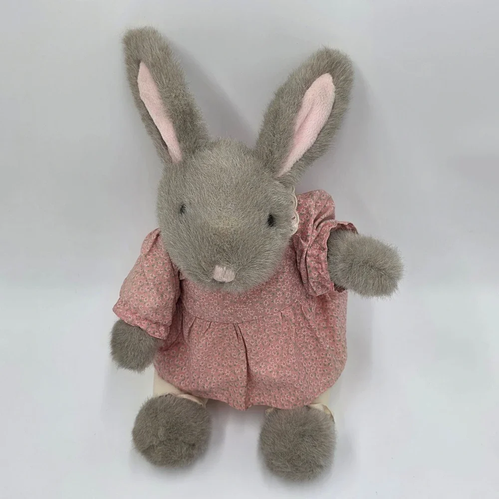 Vintage 1980s Applause Gray Bunny Rabbit Plush in Pink Dress 22